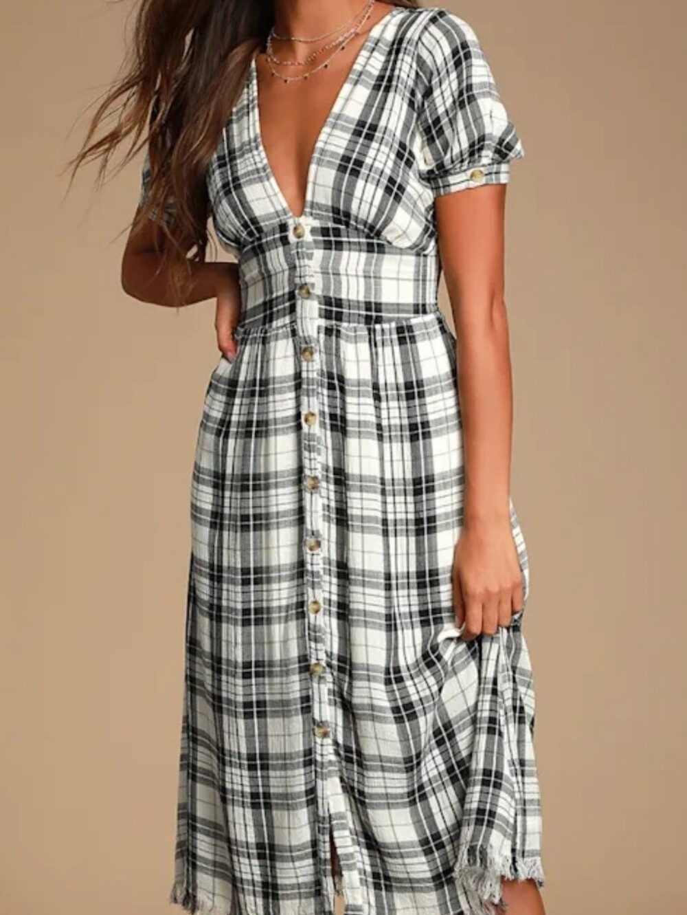 NWT Lulus Dakota Black and White Plaid Button Front-Dress Size M